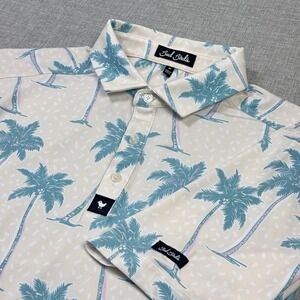 Bad Birdie Golf Polo Shirt Mens Medium Beige Blue Palm Tree Graphic Short Sleeve